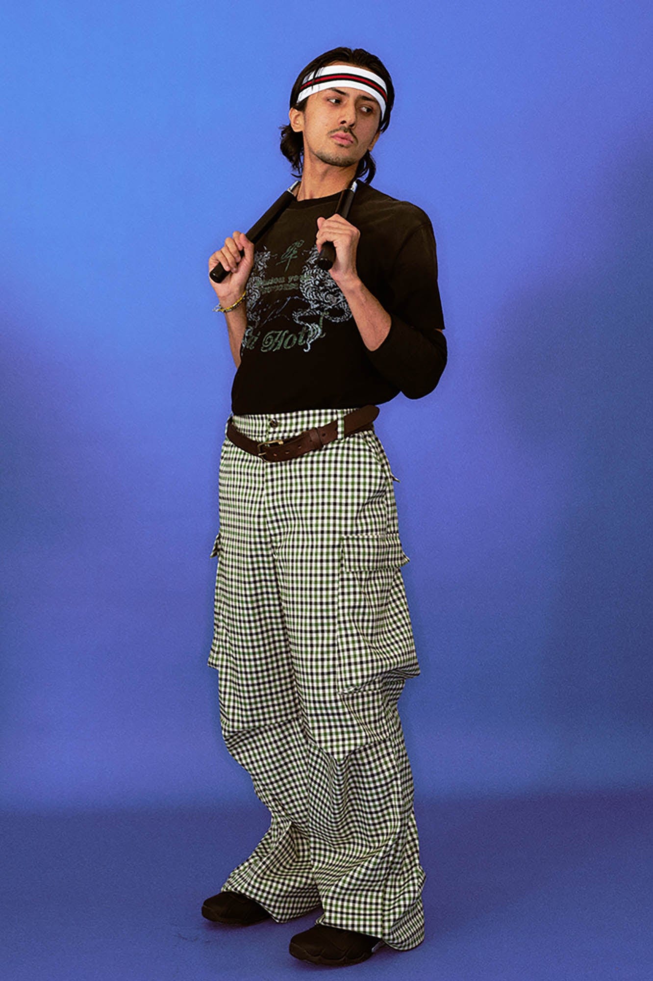 TRECLUB Plaid Multi-Pocket Crinkled Cargo Pants