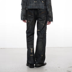 FACEONLAB Distressed Heavy Ripped Flared Jeans