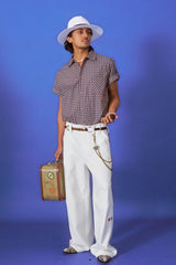 TRECLUB Retro Plaid Embroidered Rolled-Sleeve Half Shirt