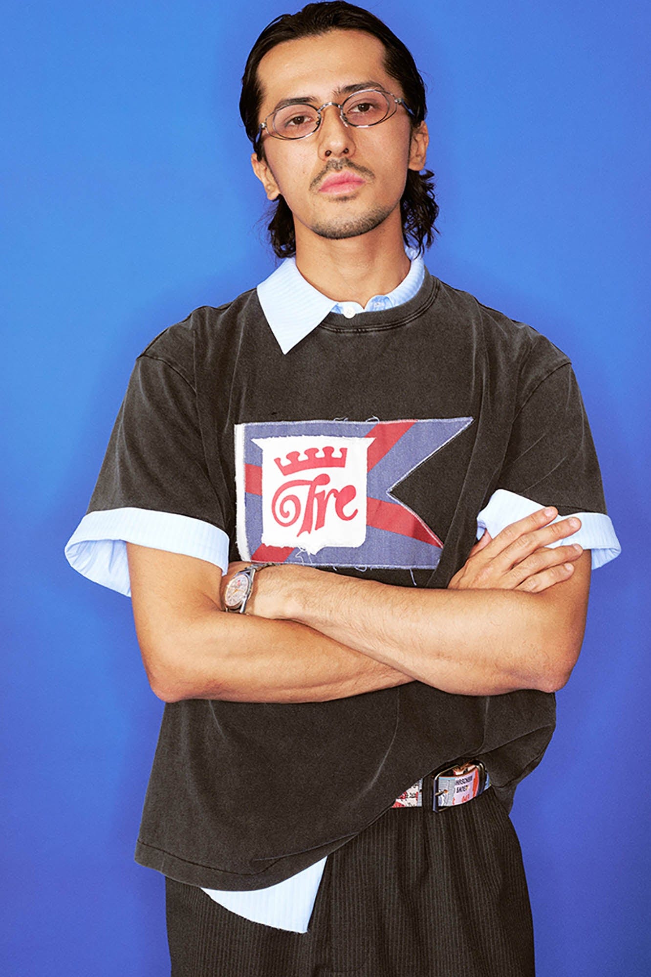 TRECLUB Frayed Patch Flag Washed T-Shirt