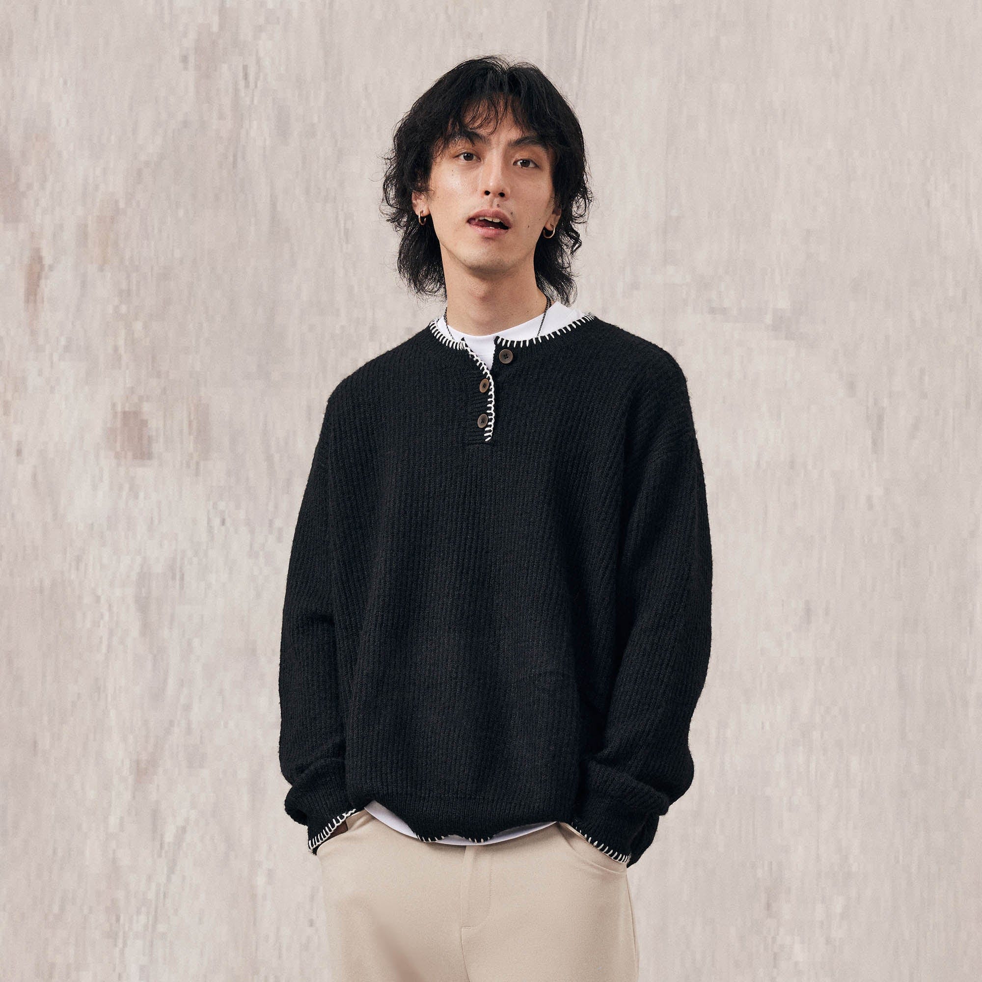 IN EXISTENCE Essential Ribbed Henley Sweater