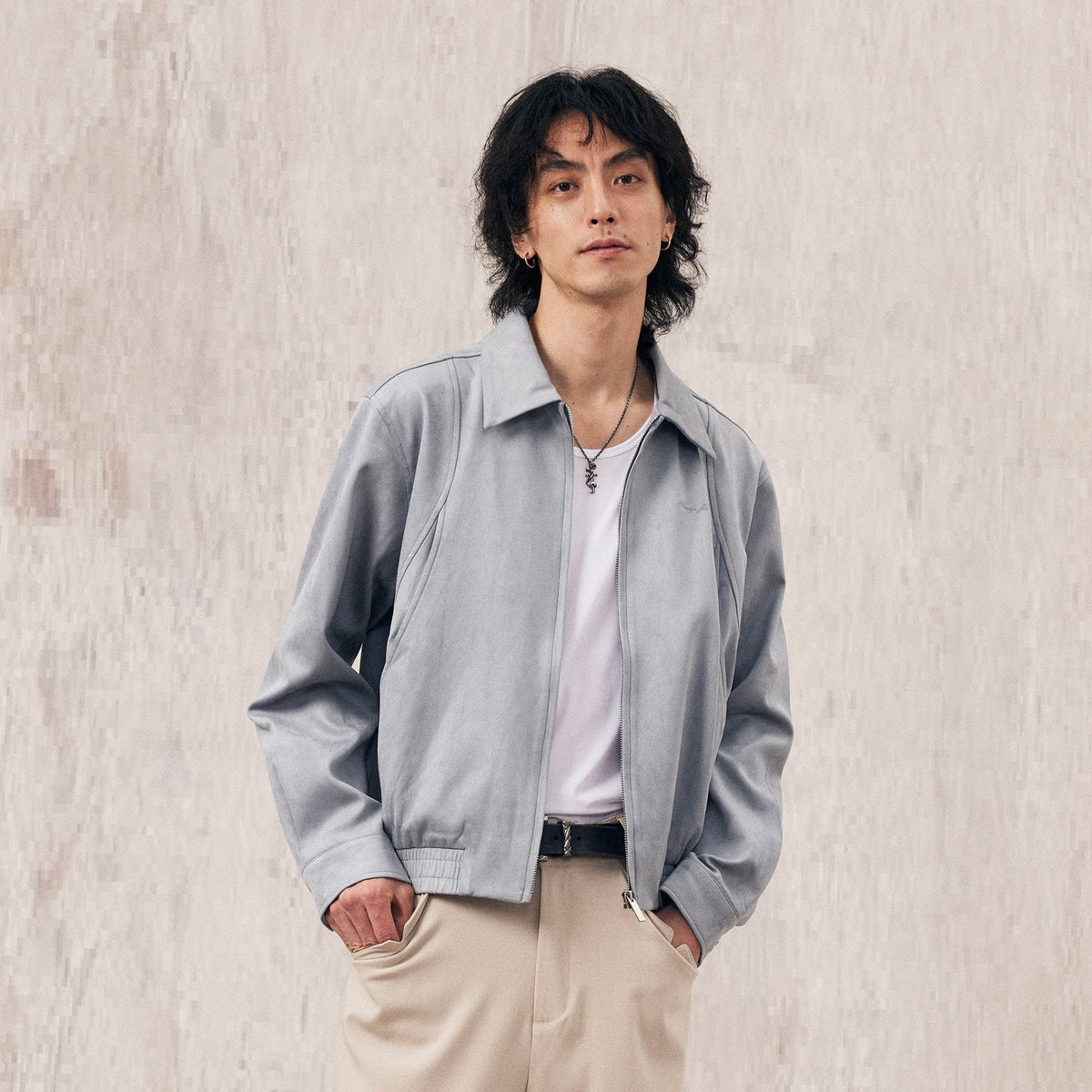 IN EXISTENCE Curved Spliced Smooth Harrington Jacket