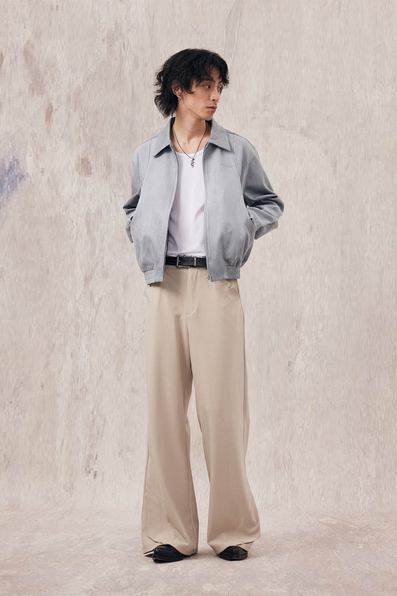 IN EXISTENCE Curved Spliced Smooth Harrington Jacket
