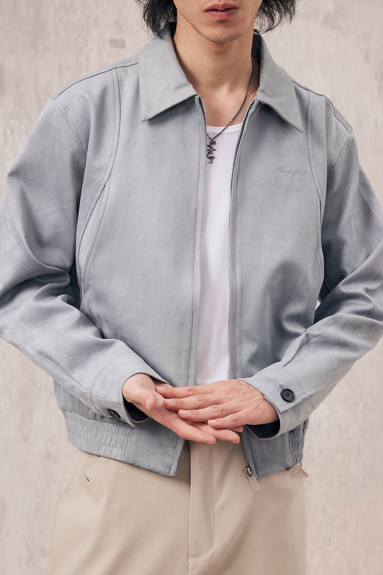 IN EXISTENCE Curved Spliced Smooth Harrington Jacket