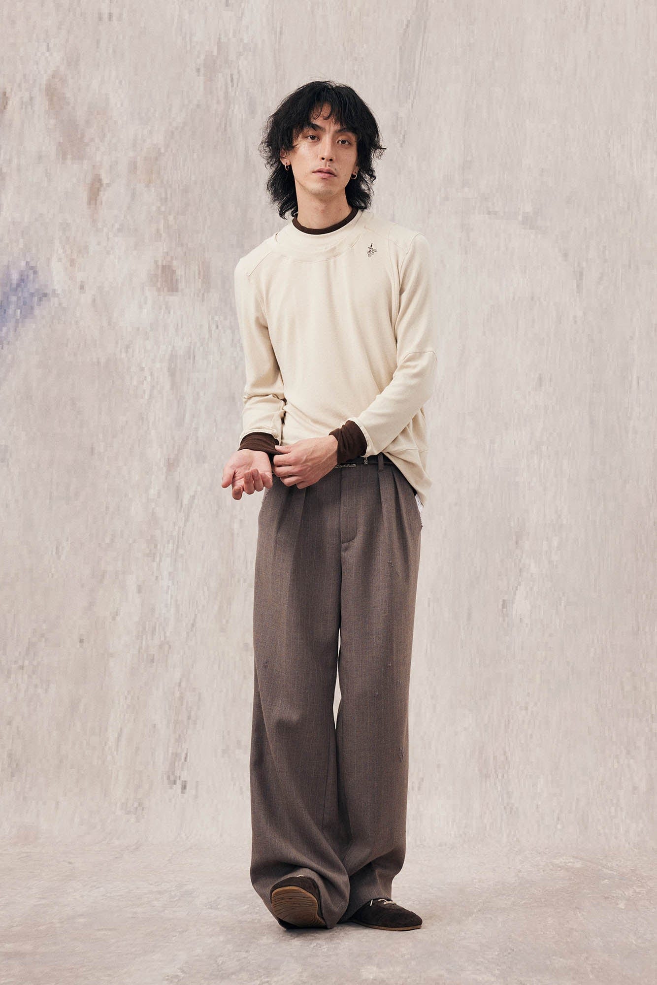 IN EXISTENCE Layered Asymmetrical Neck Embroidered Long-Sleeve Tee