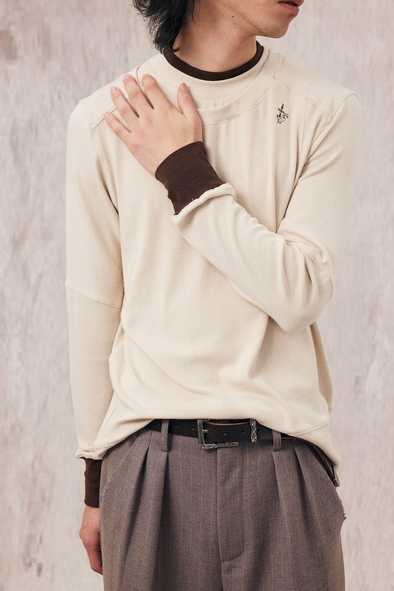 IN EXISTENCE Layered Asymmetrical Neck Embroidered Long-Sleeve Tee