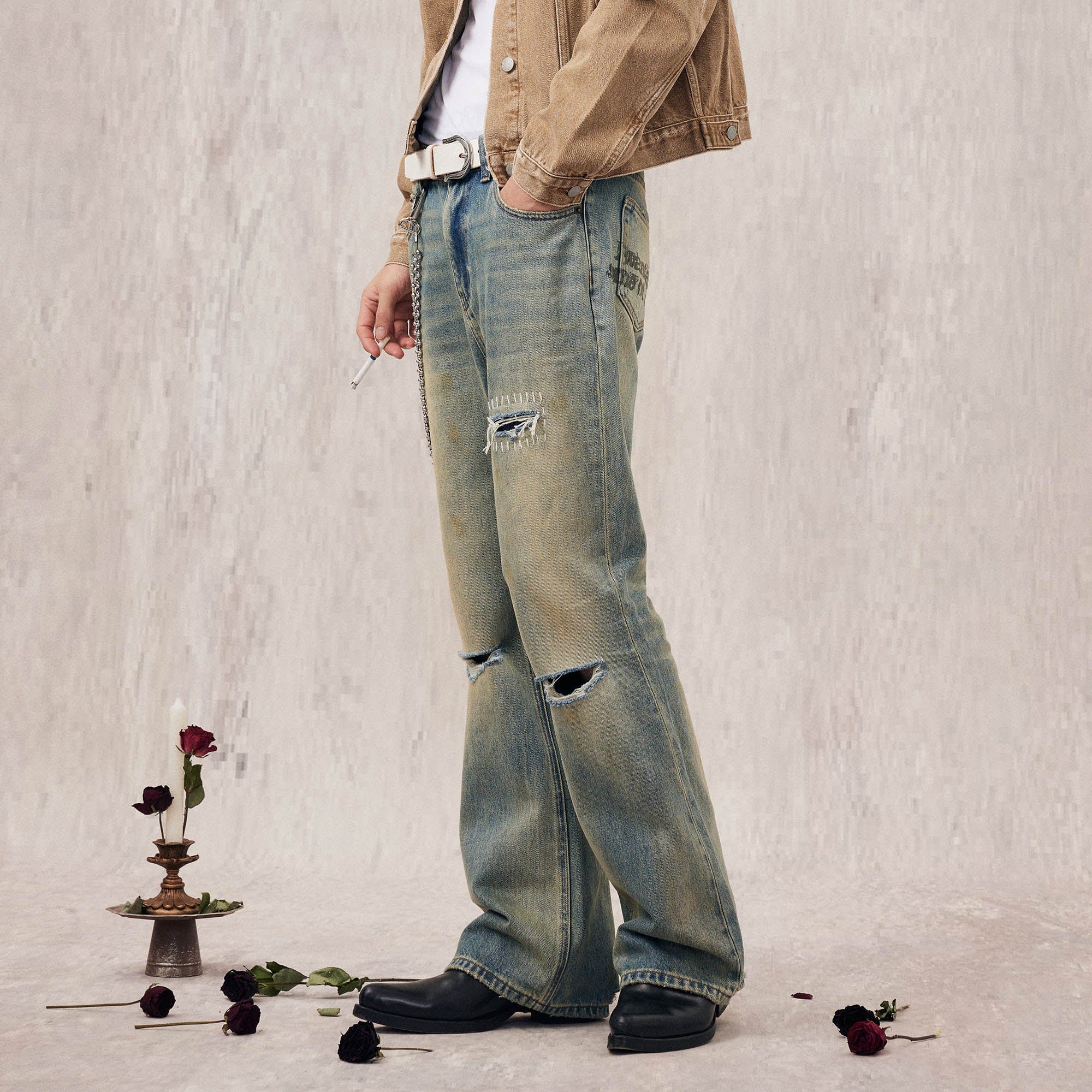 IN EXISTENCE Distressed Cut-Out Oversized Jeans