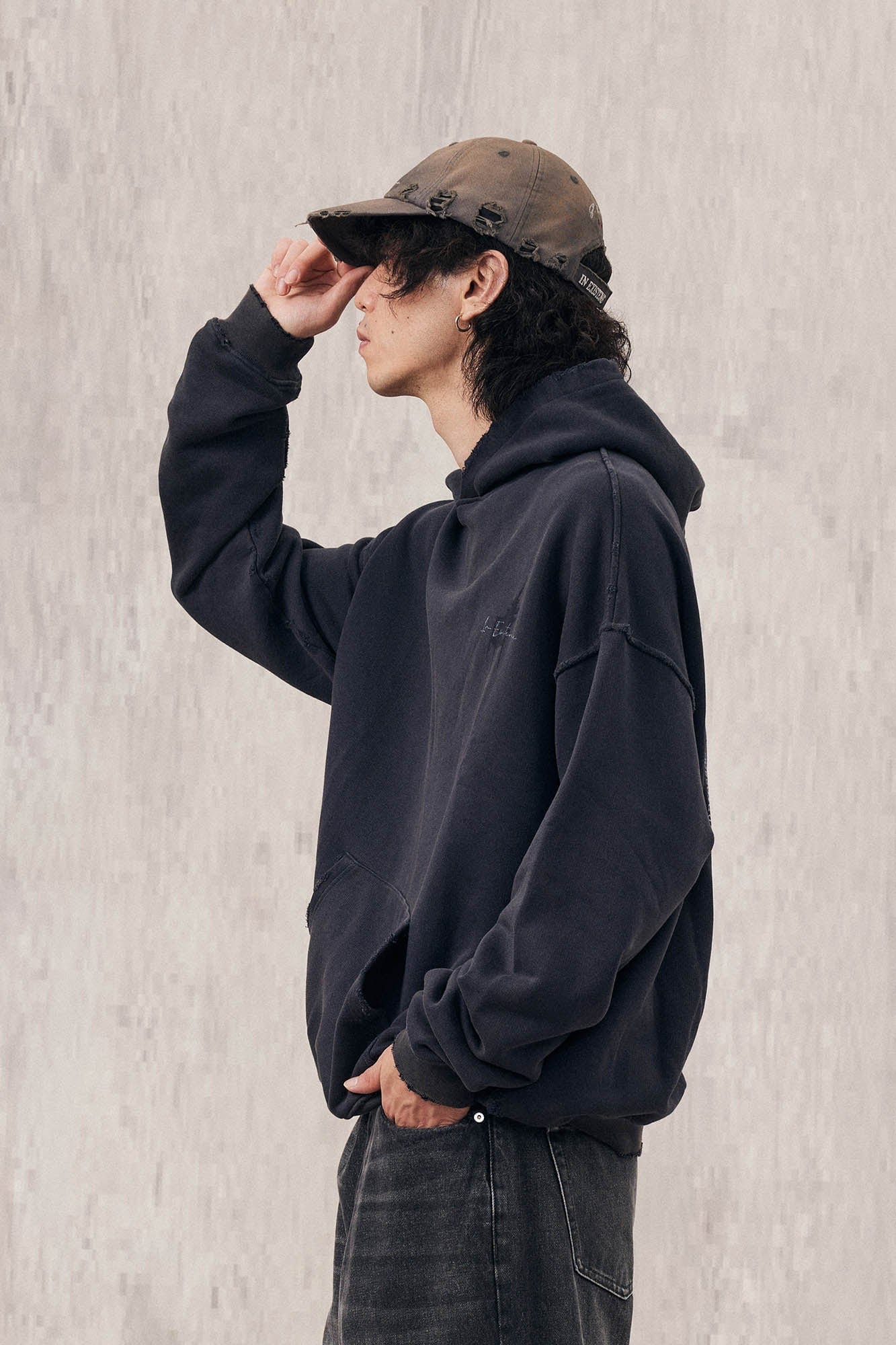 IN EXISTENCE Washed Frayed Graphic Hoodie