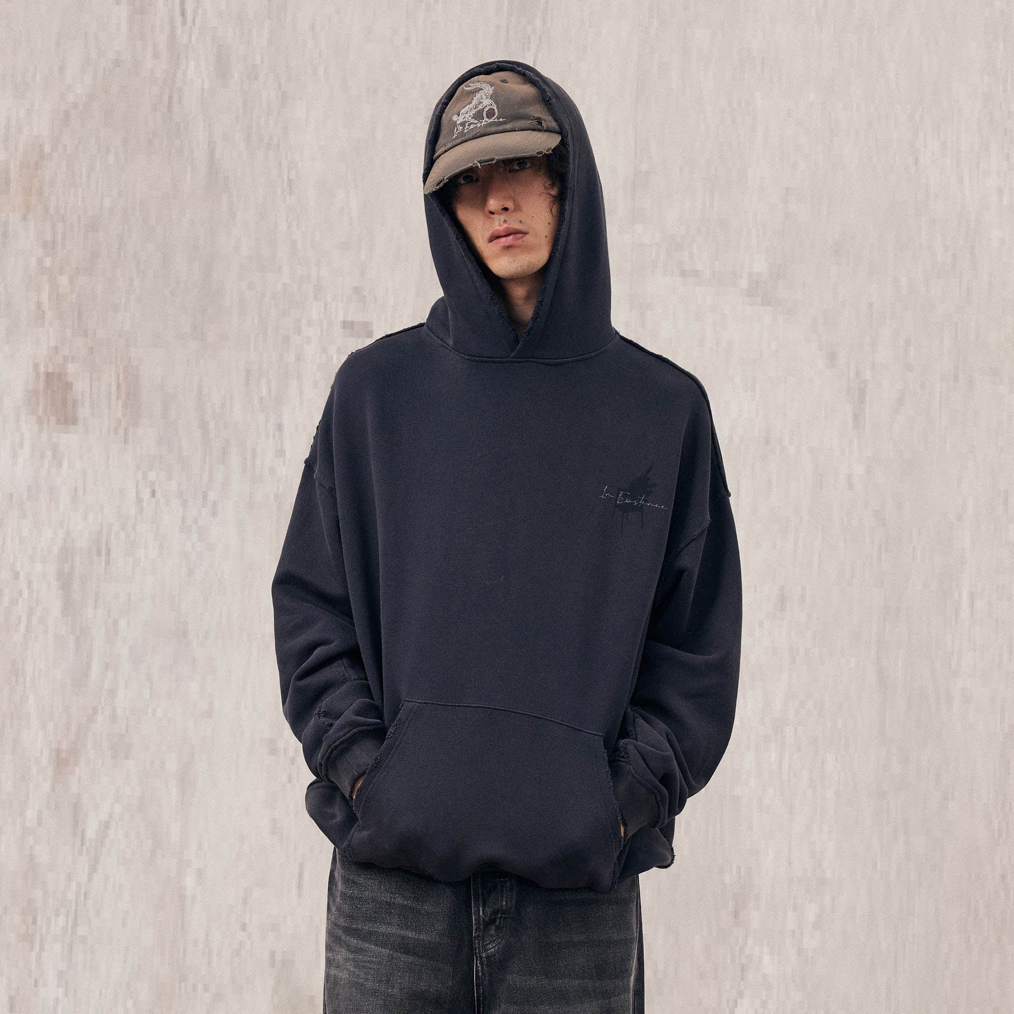 IN EXISTENCE Washed Frayed Graphic Hoodie