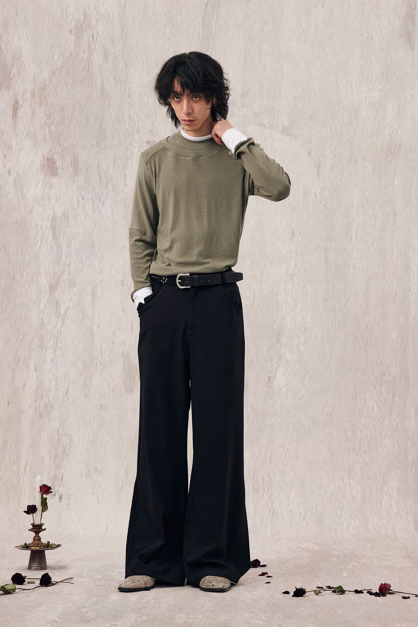 IN EXISTENCE Layered Asymmetrical Neck Embroidered Long-Sleeve Tee