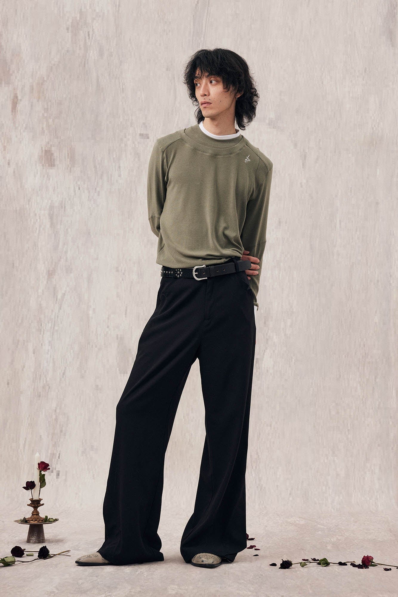IN EXISTENCE Layered Asymmetrical Neck Embroidered Long-Sleeve Tee
