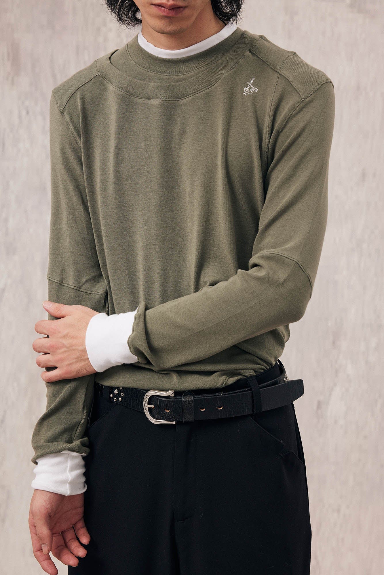 IN EXISTENCE Layered Asymmetrical Neck Embroidered Long-Sleeve Tee
