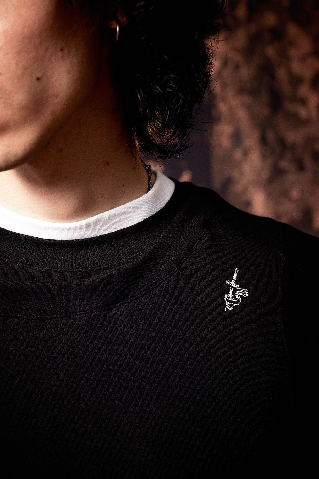 IN EXISTENCE Layered Asymmetrical Neck Embroidered Long-Sleeve Tee