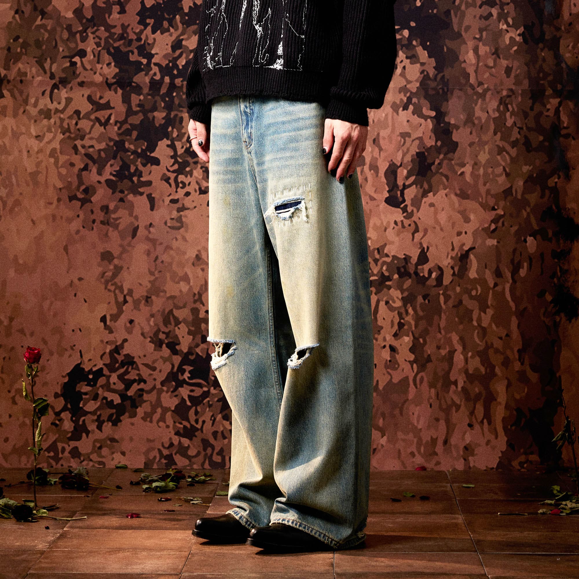 IN EXISTENCE Distressed Cut-Out Oversized Jeans