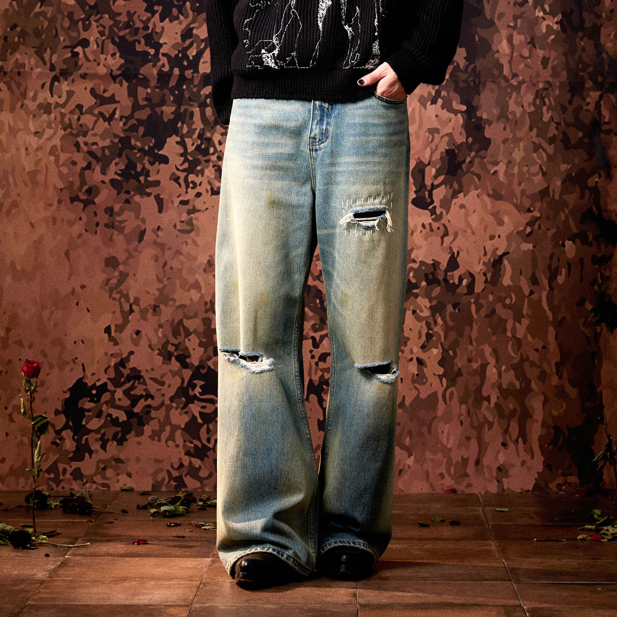IN EXISTENCE Distressed Cut-Out Oversized Jeans