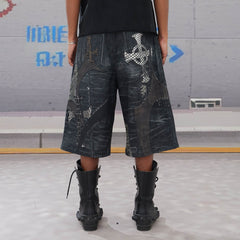 DND4DES Croc Cross Panel Washed Bermuda Denim Shorts