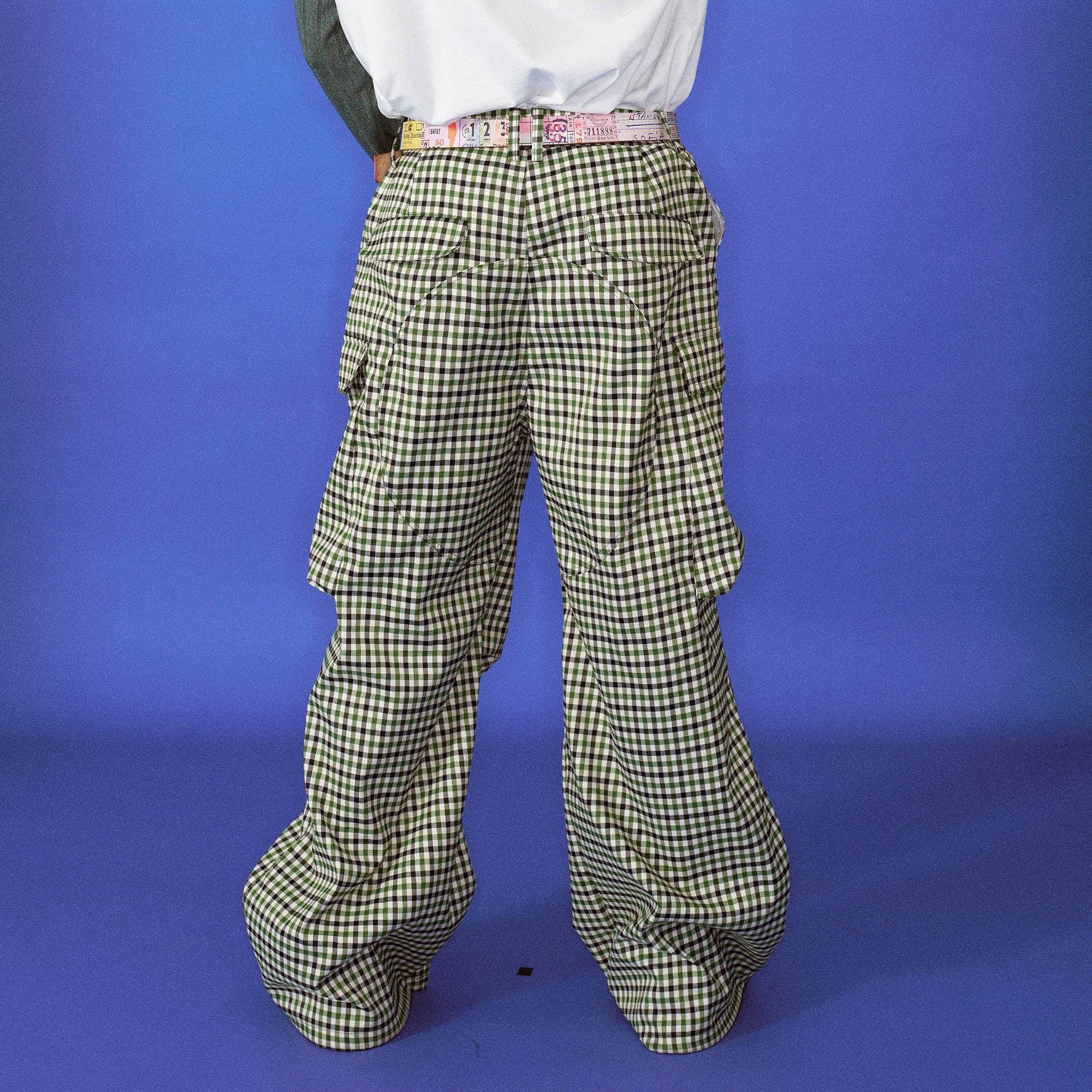 TRECLUB Plaid Multi-Pocket Crinkled Cargo Pants