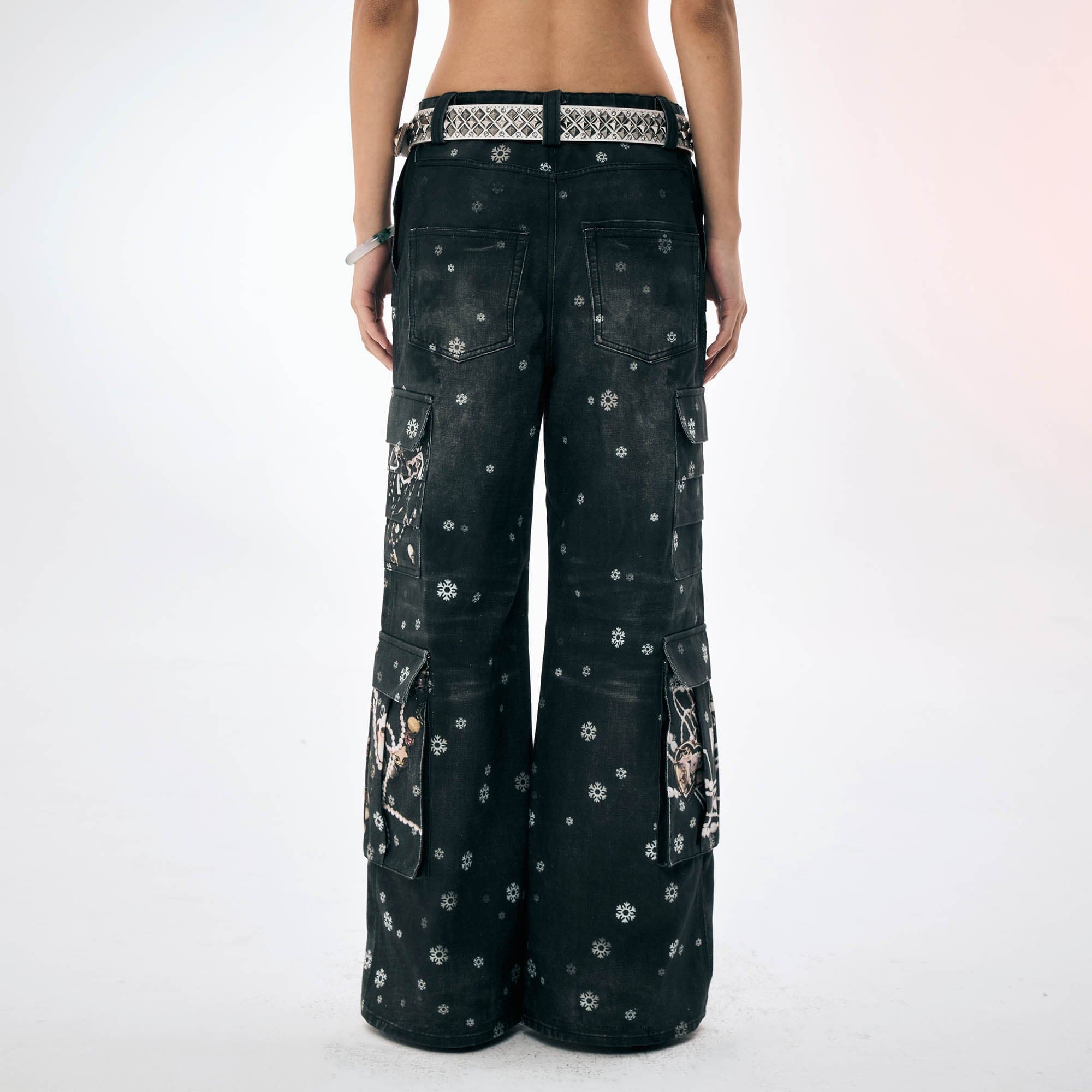 DND4DES×Faychui Snowflake Full-Print Spliced Multi-Pocket Jeans