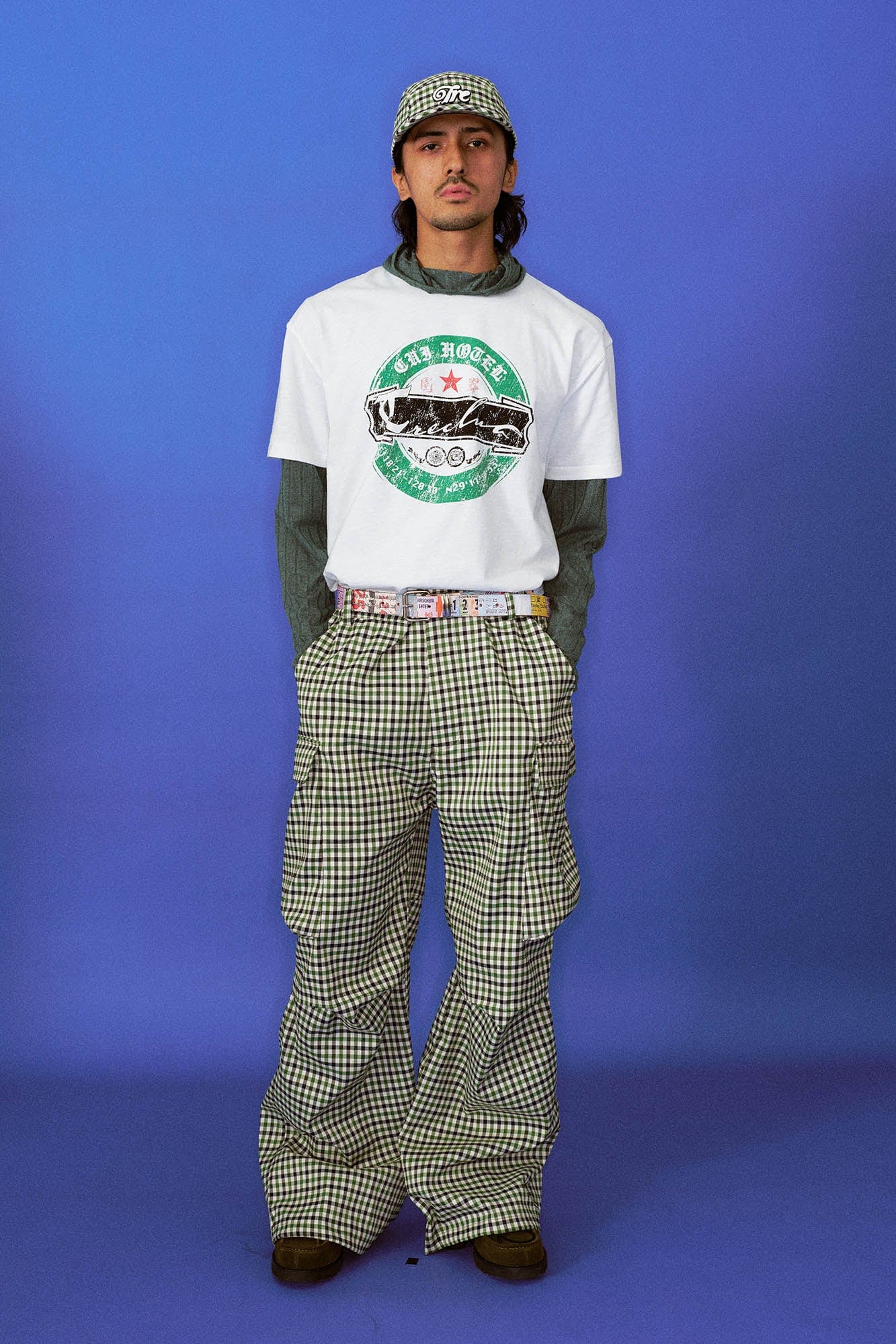 TRECLUB Plaid Multi-Pocket Crinkled Cargo Pants