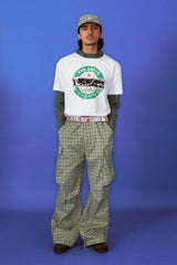 TRECLUB Plaid Multi-Pocket Crinkled Cargo Pants