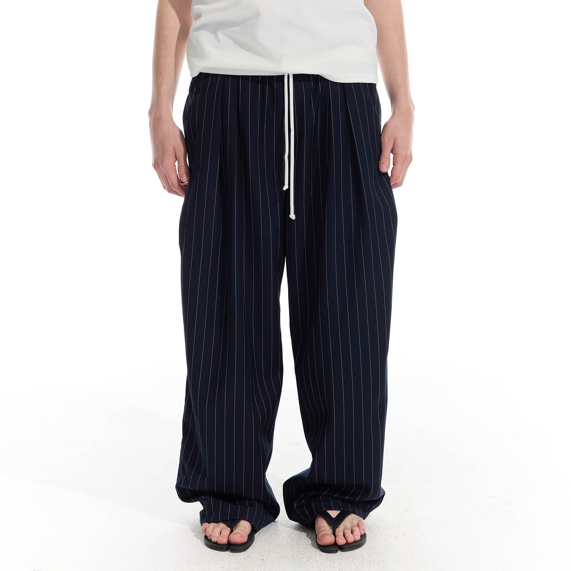 WHISTLEHUNTER Pinstriped Pleated Drawstring Wide-Leg Pants