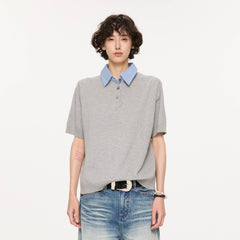 KREATE Preppy Spliced Plaid Collar Knit Polo