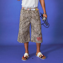 TRECLUB Leopard Washed Embroidered Cropped Pants
