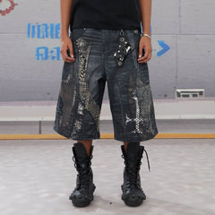 DND4DES Croc Cross Panel Washed Bermuda Denim Shorts