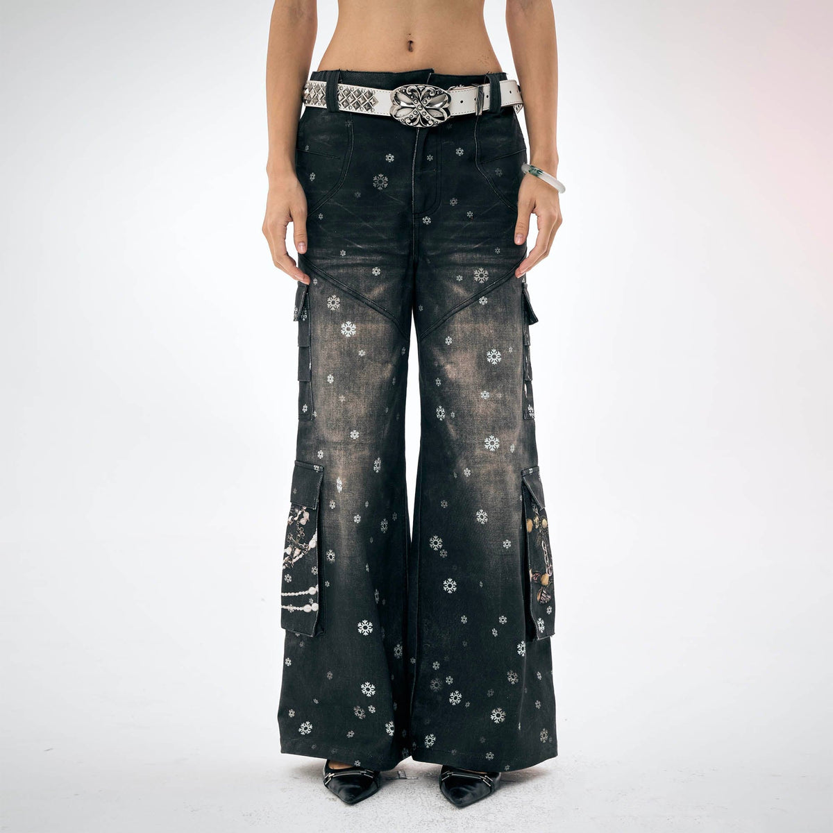DND4DES×Faychui Snowflake Full-Print Spliced Multi-Pocket Jeans