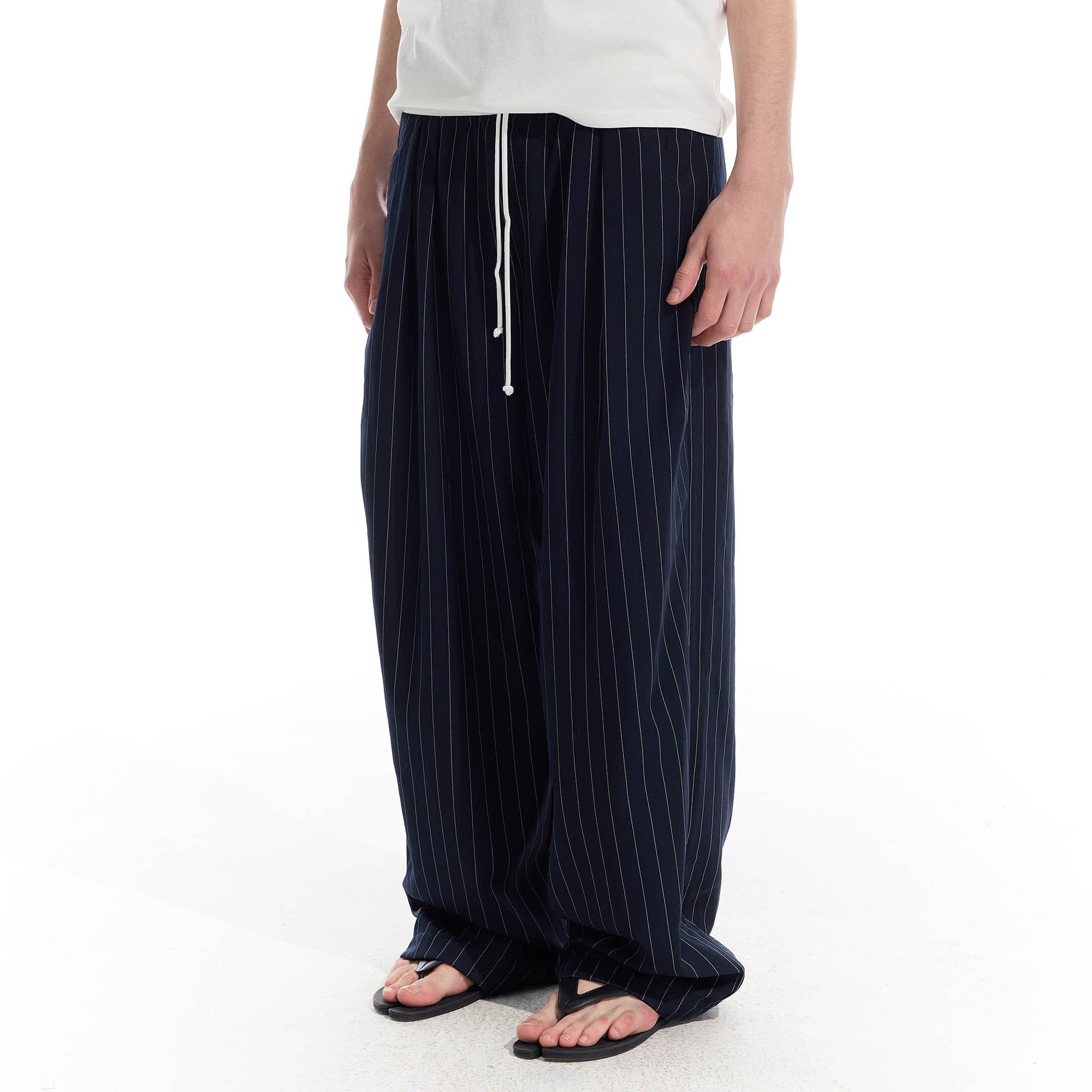 WHISTLEHUNTER Pinstriped Pleated Drawstring Wide-Leg Pants