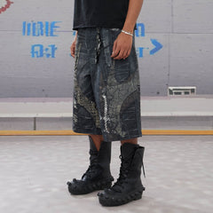 DND4DES Croc Cross Panel Washed Bermuda Denim Shorts