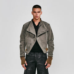 FLYERRER Asymmetrical Distressed Cropped Denim Jacket