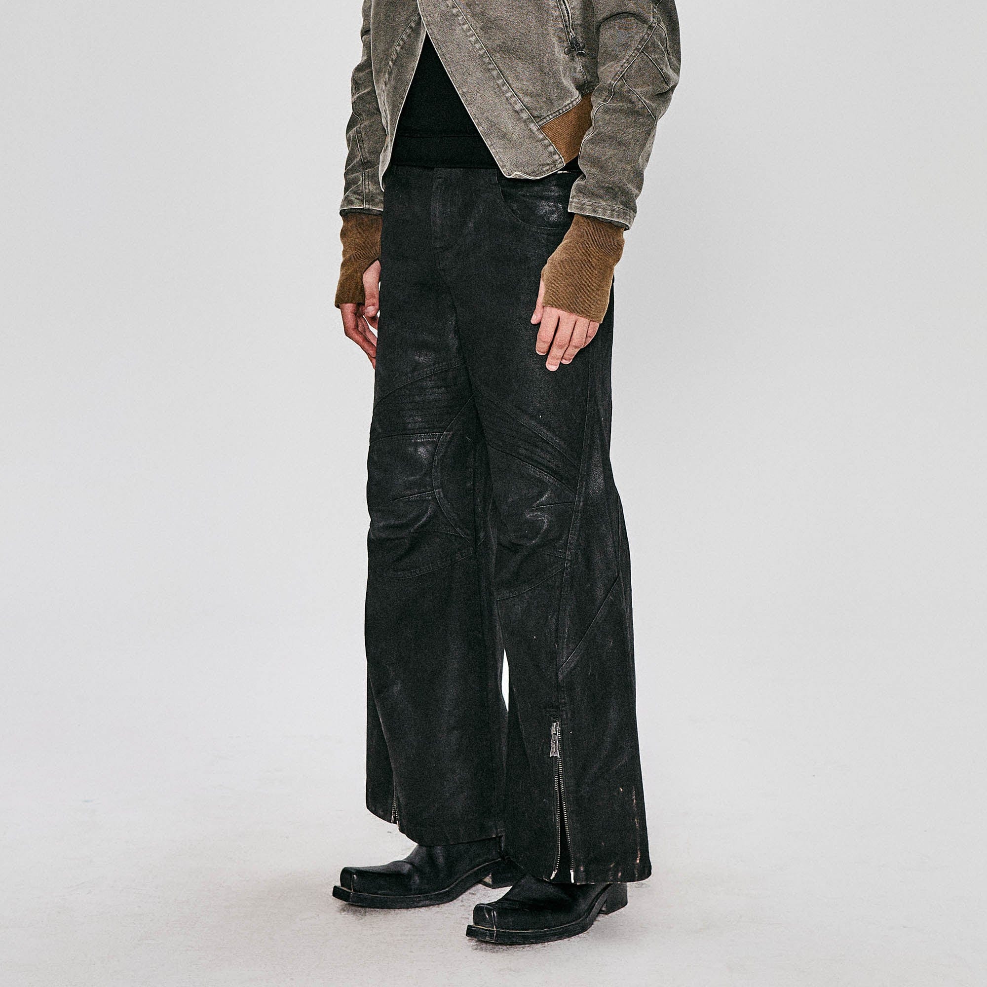 FLYERRER Waxed Deconstructed-Knee Zip-Hem Flared Pants