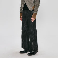 FLYERRER Waxed Deconstructed-Knee Zip-Hem Flared Pants