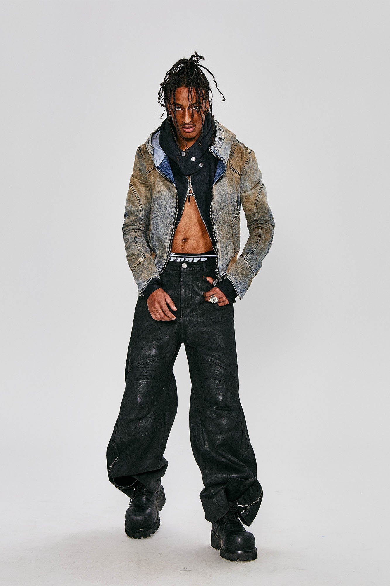 FLYERRER Distressed Spliced Studded Hooded Short Denim Jacket