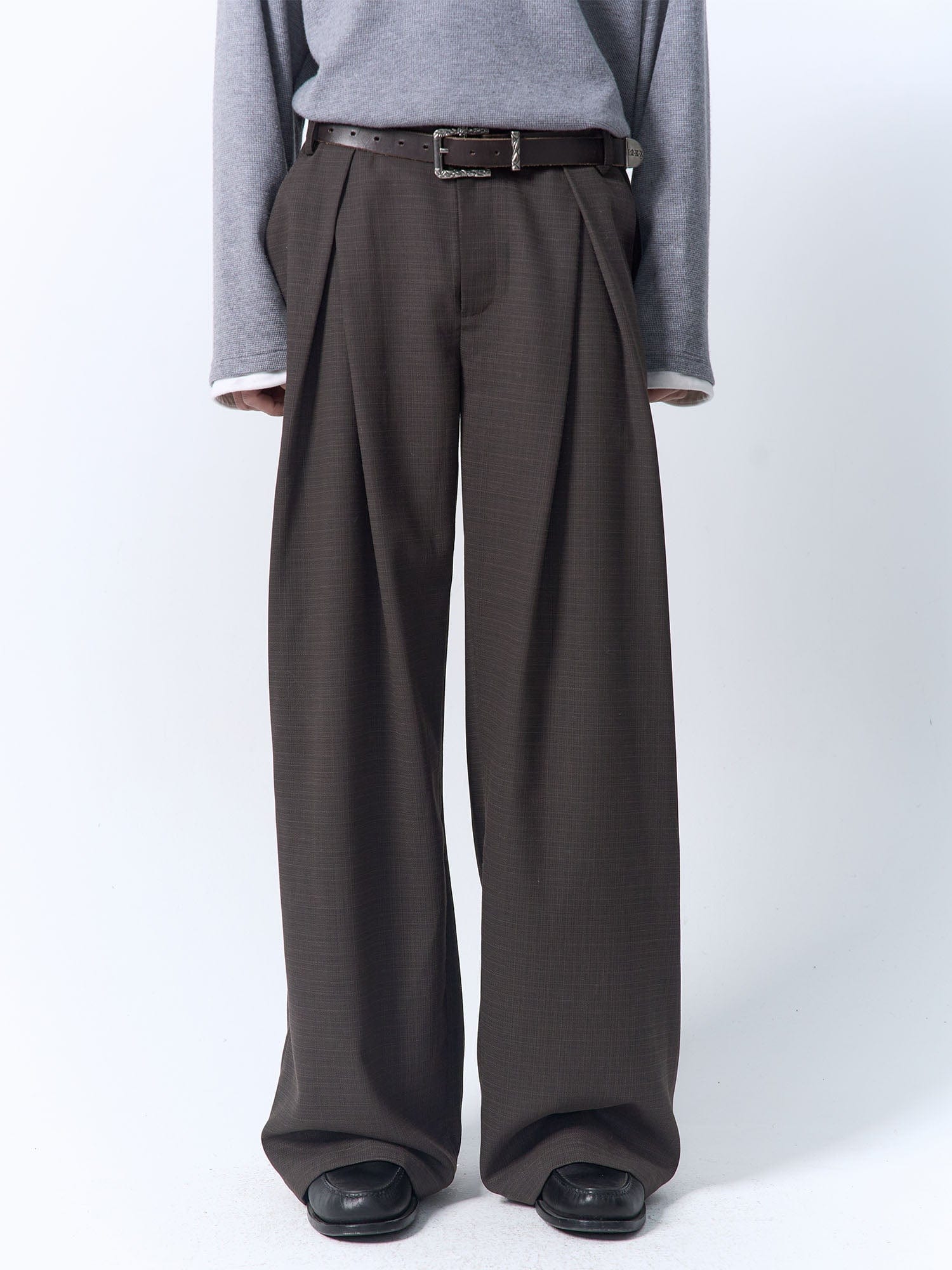 IN EXISTENCE Inverted Pleats Mini Check Wide-Leg Trousers