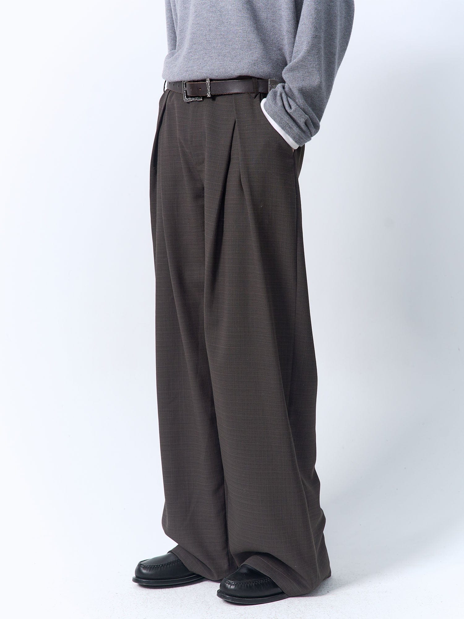IN EXISTENCE Inverted Pleats Mini Check Wide-Leg Trousers
