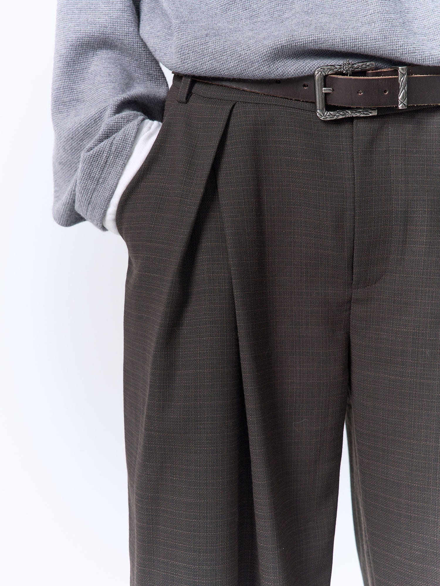 IN EXISTENCE Inverted Pleats Mini Check Wide-Leg Trousers