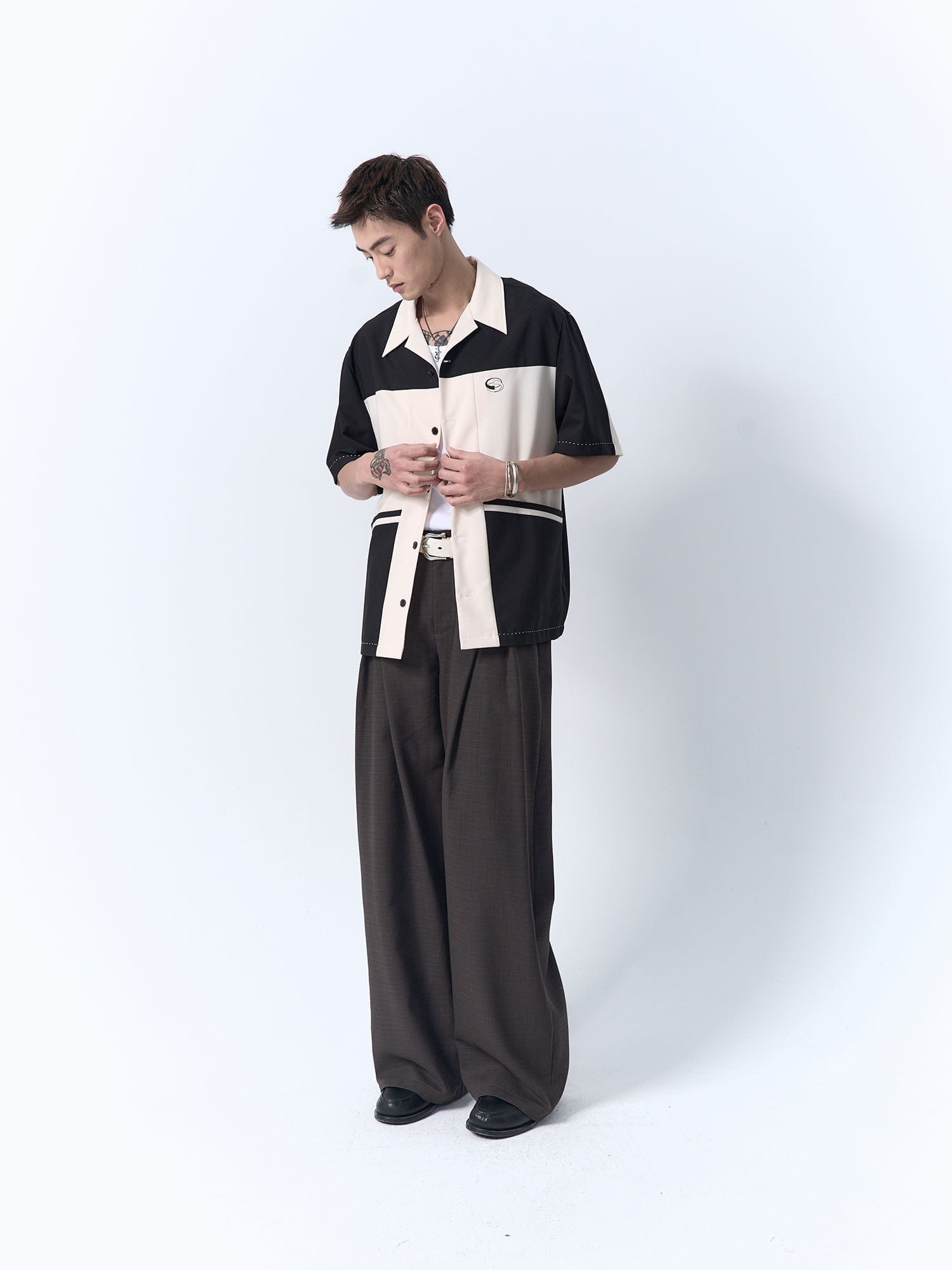 IN EXISTENCE Inverted Pleats Mini Check Wide-Leg Trousers