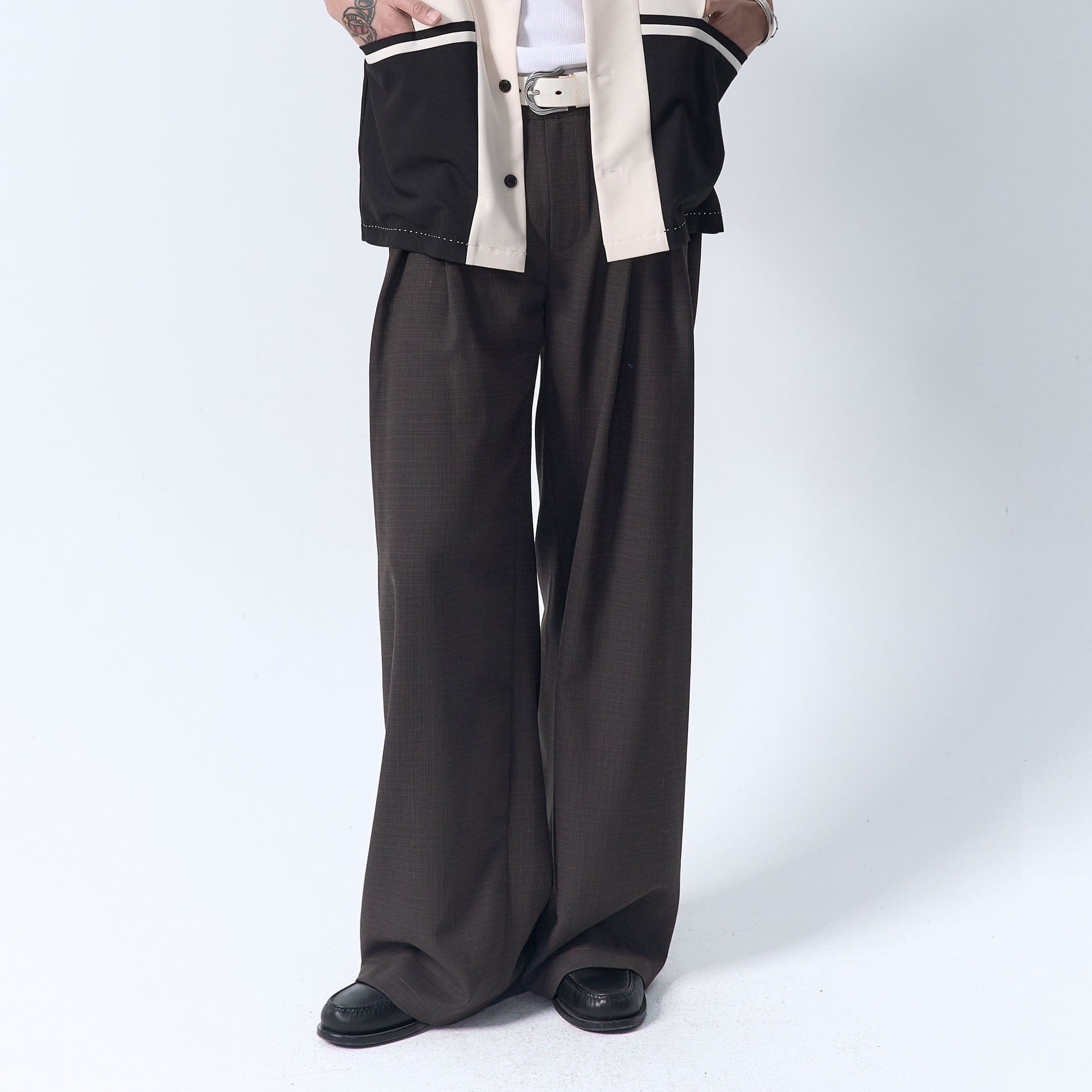 IN EXISTENCE Inverted Pleats Mini Check Wide-Leg Trousers