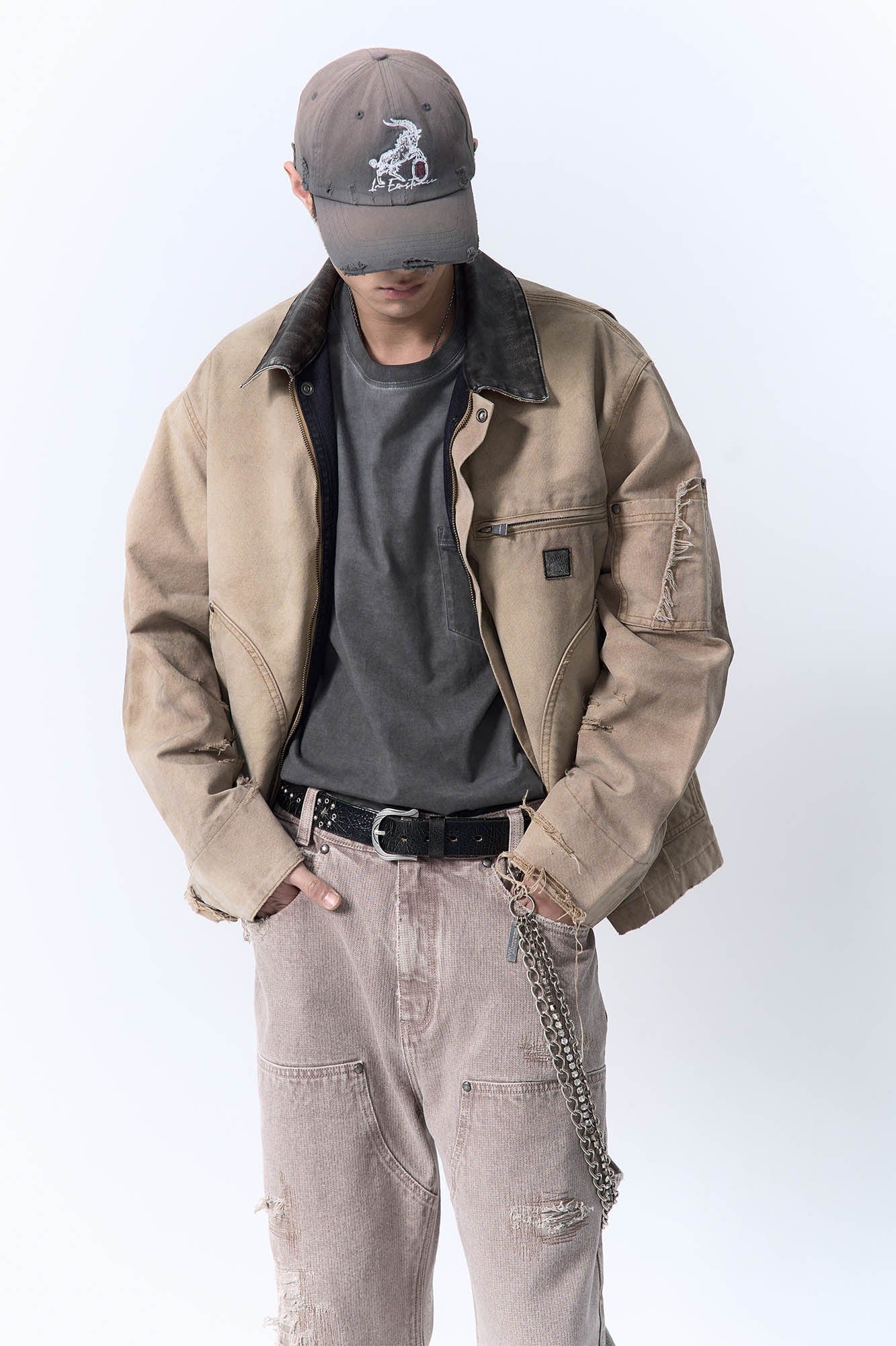 IN EXISTENCE Dirty-Washed Contrast Collar Detroit Jacket