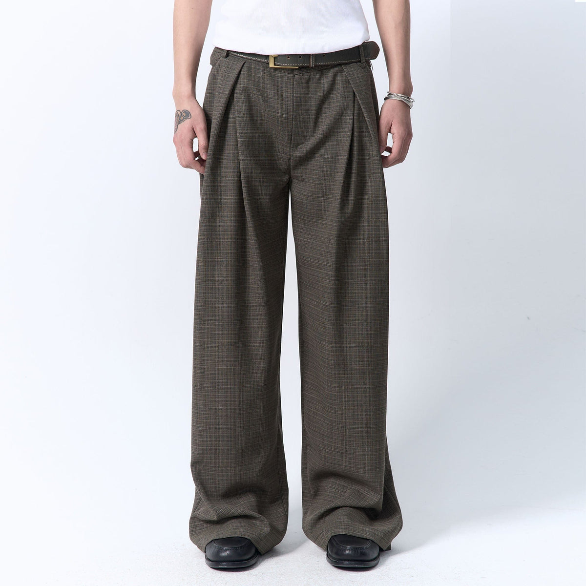 IN EXISTENCE Inverted Pleats Mini Check Wide-Leg Trousers