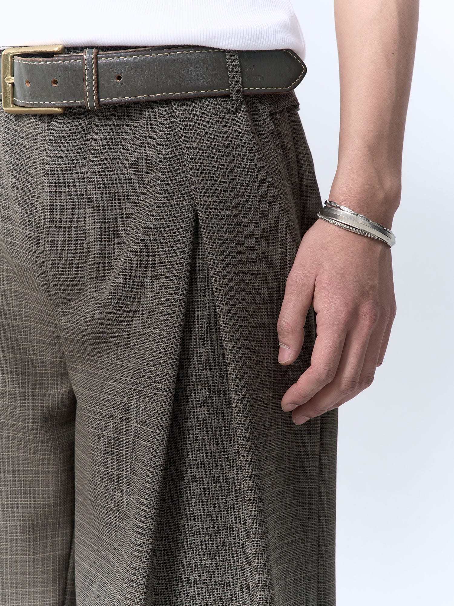 IN EXISTENCE Inverted Pleats Mini Check Wide-Leg Trousers