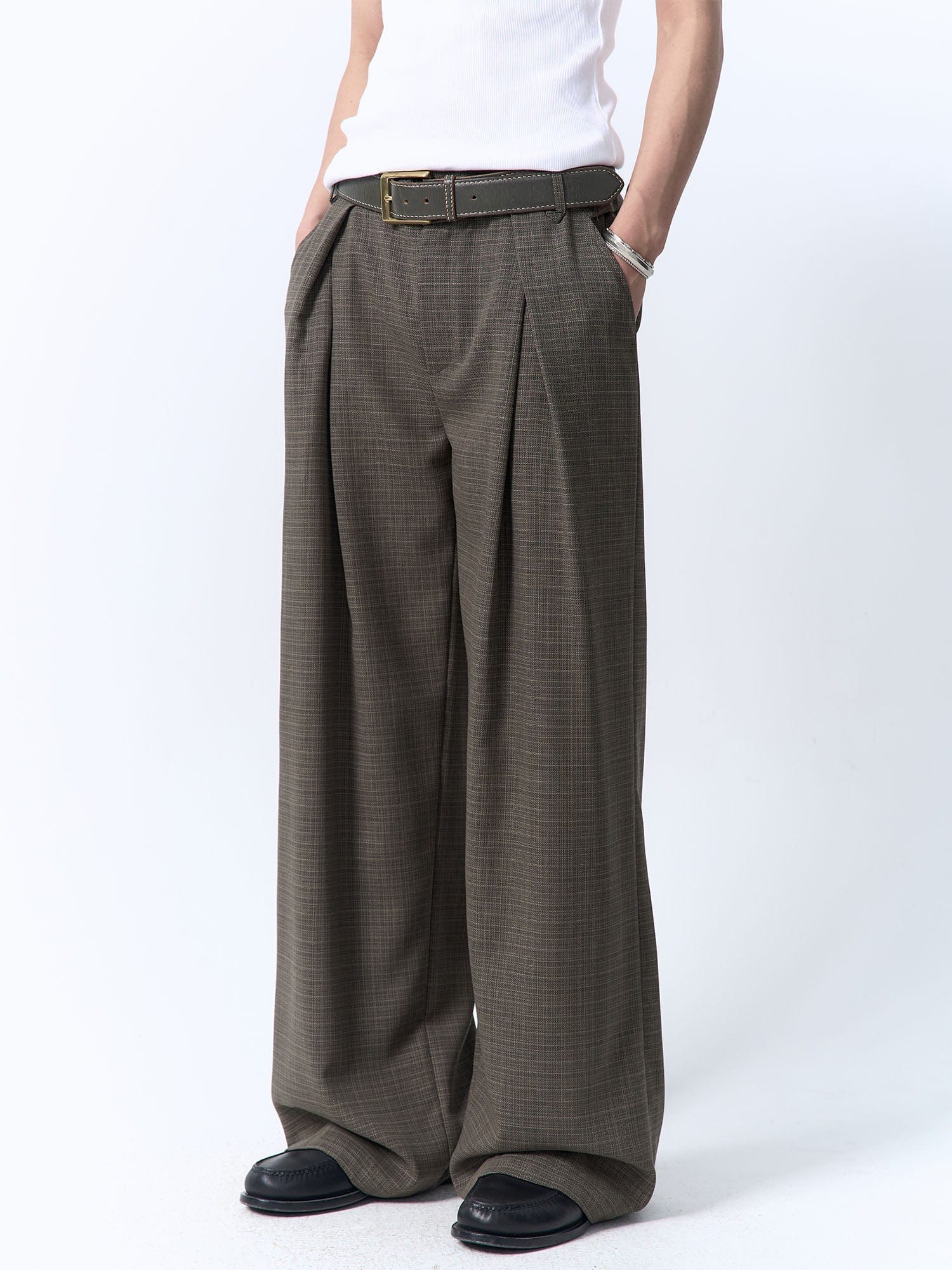 IN EXISTENCE Inverted Pleats Mini Check Wide-Leg Trousers
