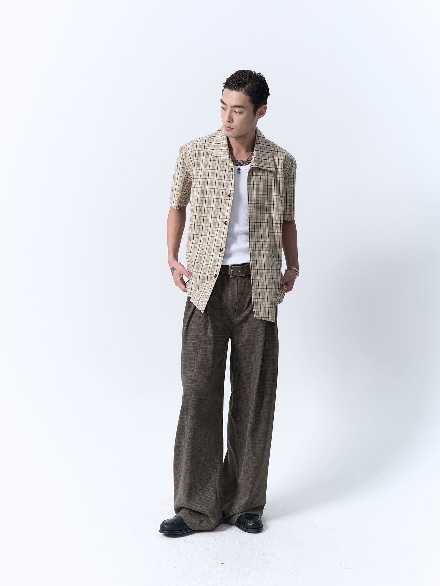 IN EXISTENCE Inverted Pleats Mini Check Wide-Leg Trousers