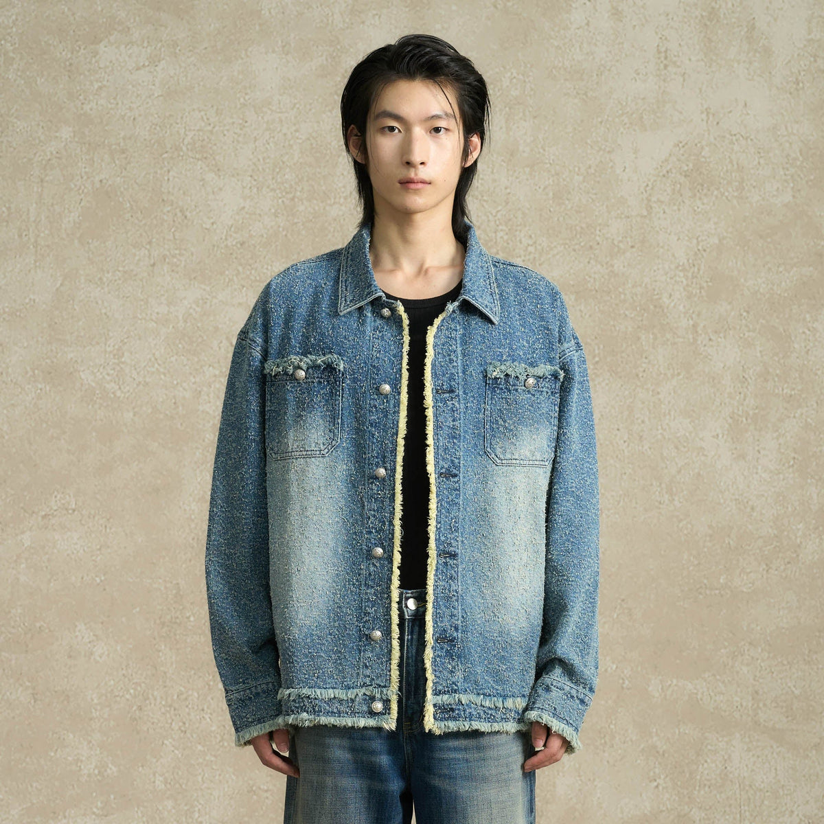 BONELESS Washed Frayed Edge Denim Jacket