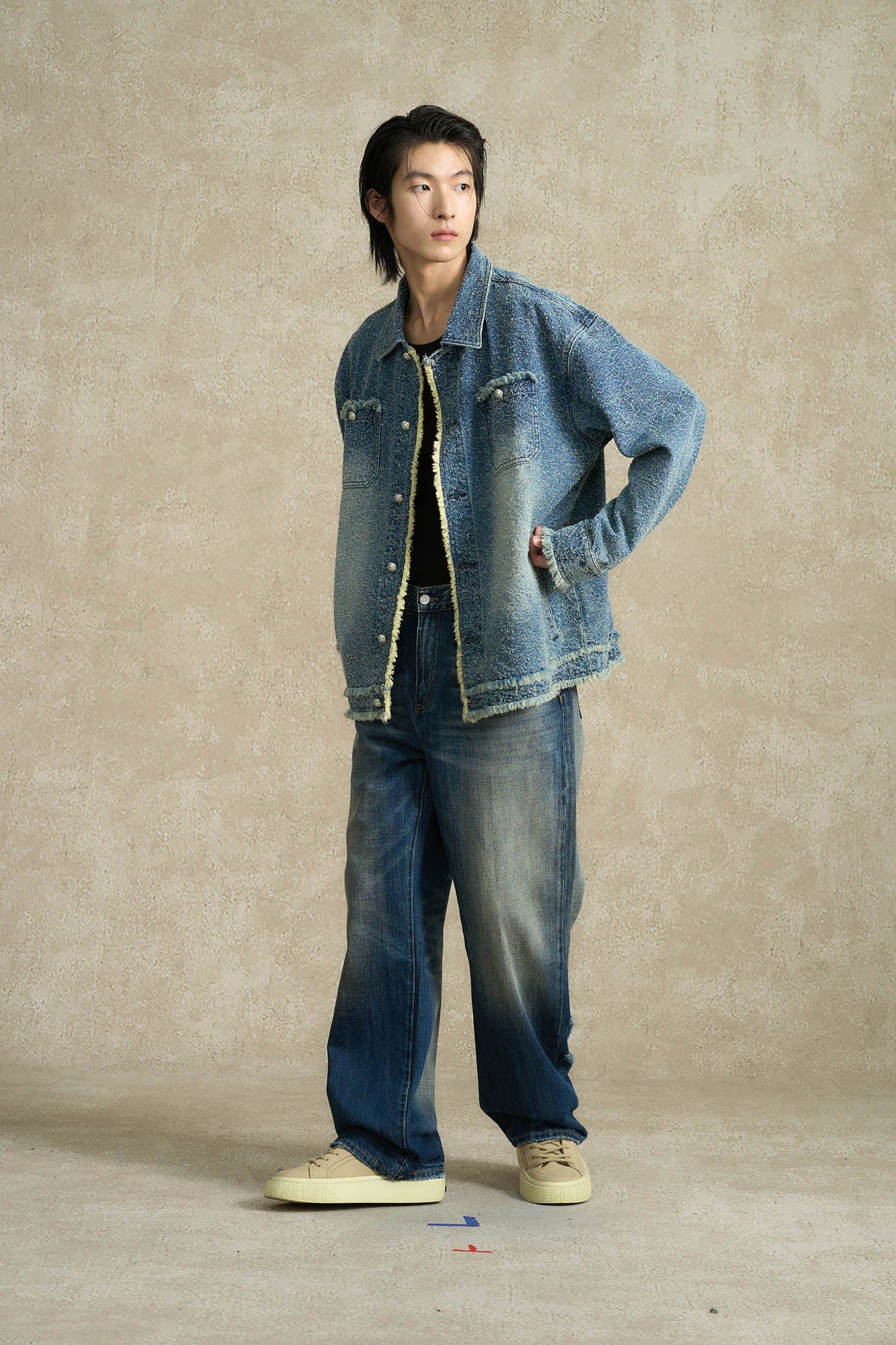 BONELESS Washed Frayed Edge Denim Jacket