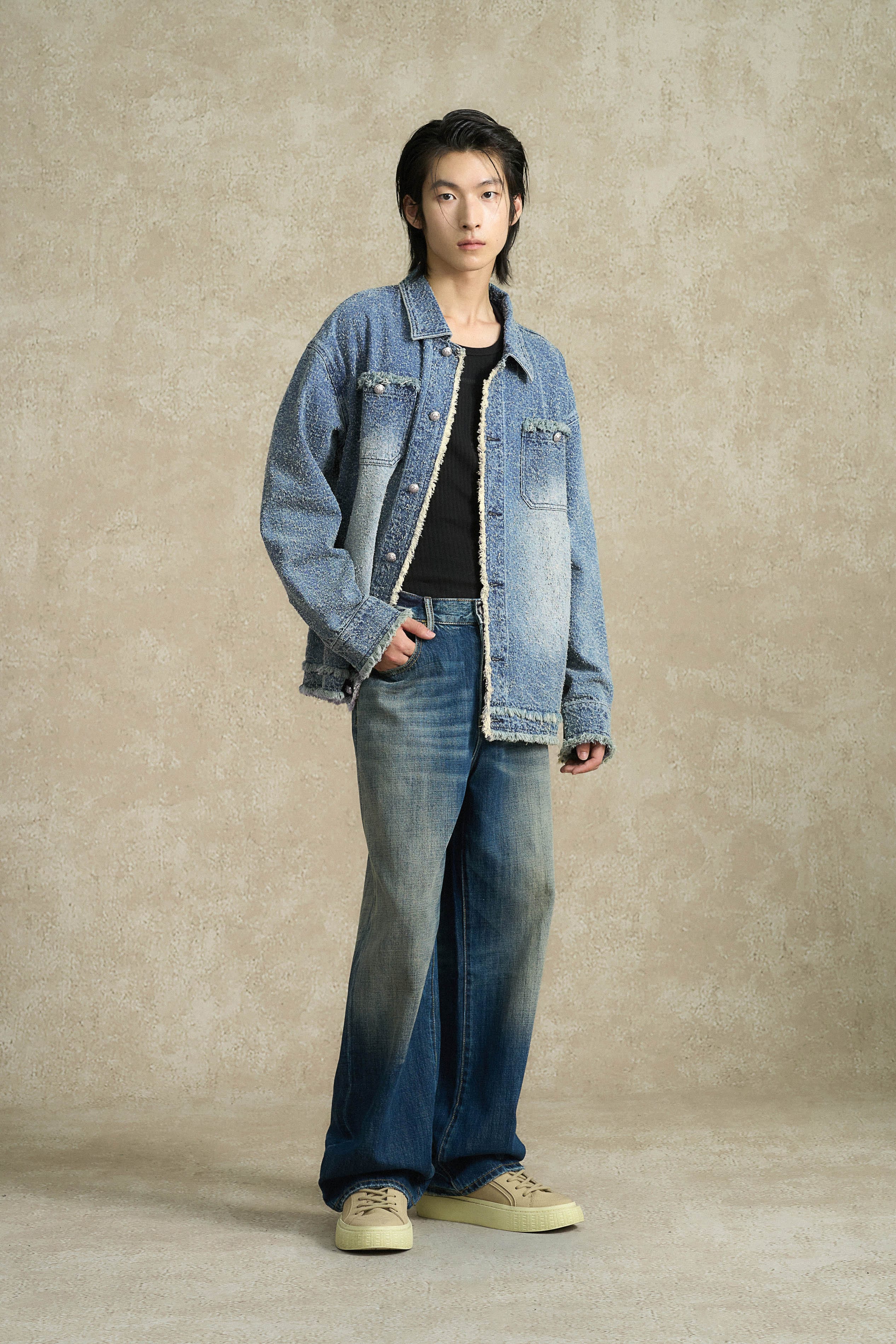 BONELESS Washed Frayed Edge Denim Jacket