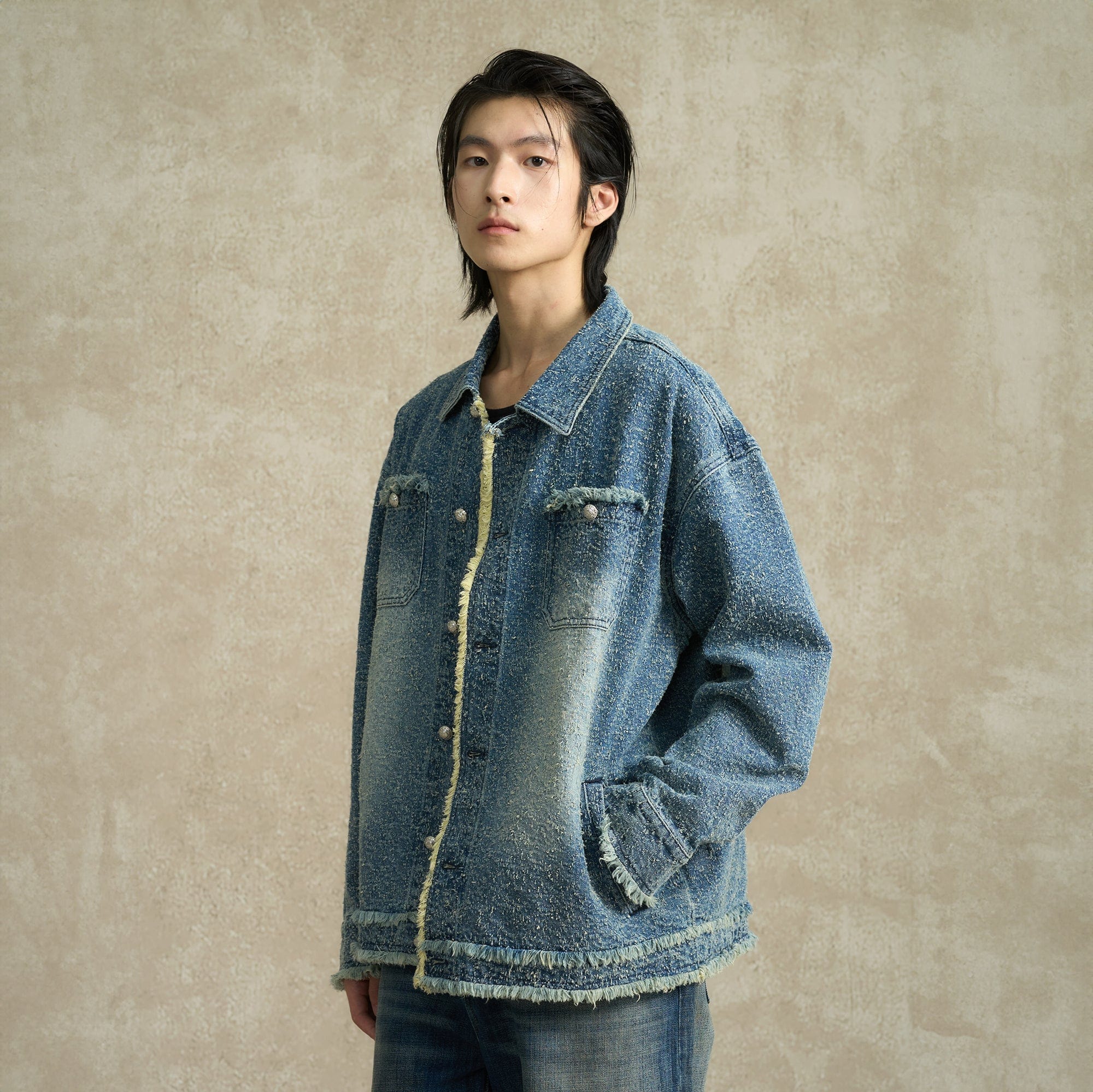 BONELESS Washed Frayed Edge Denim Jacket