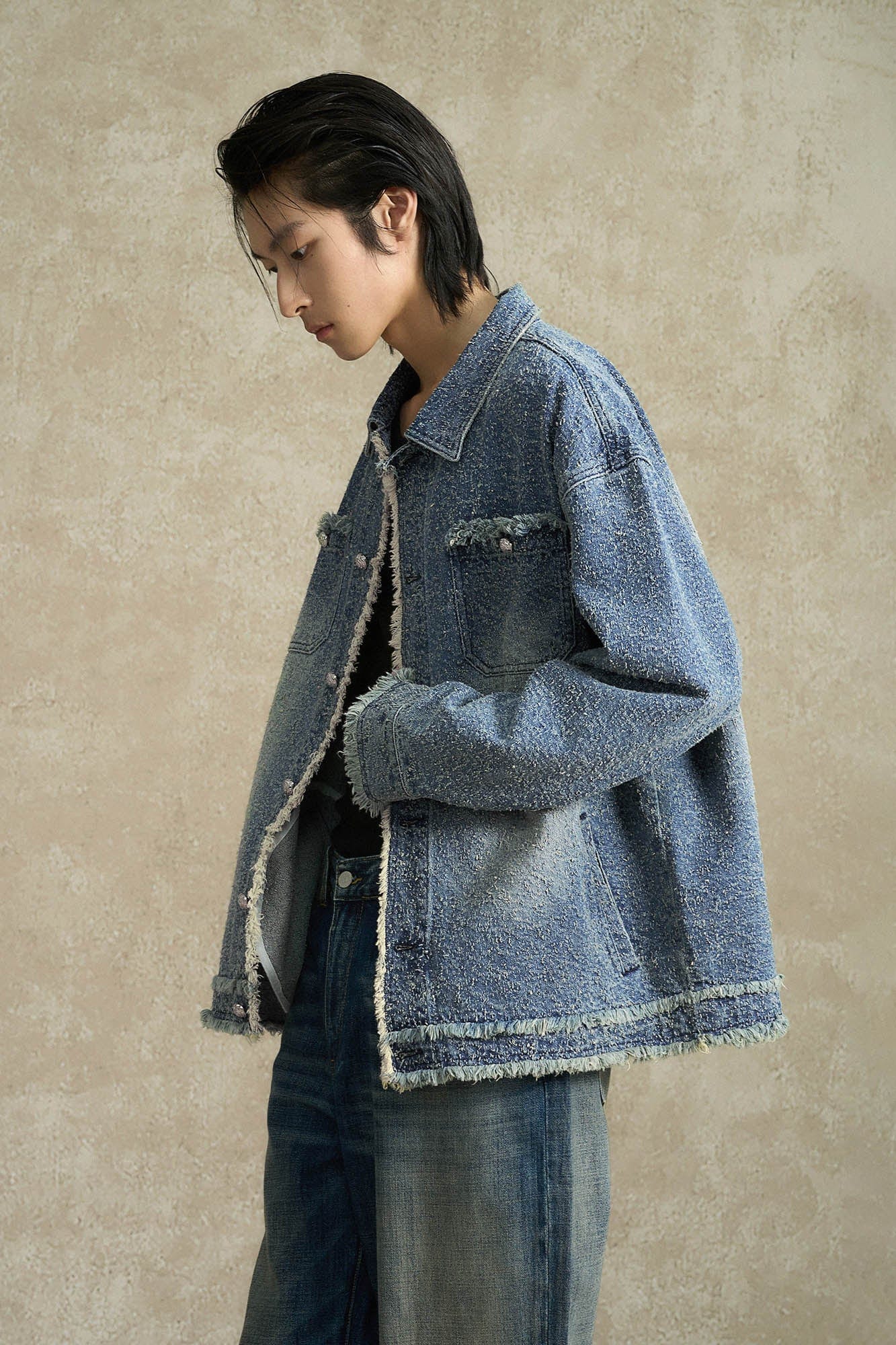 BONELESS Washed Frayed Edge Denim Jacket